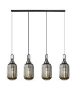 Urasawa Linear 4 Light Pendant With 20cm Tubular Ribbed Glass, Aged Pewter/Matt Black Smoked