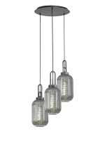 Urasawa 55cm Round 3 Light Pendant With 20cm Tubular Ribbed Glass, Aged Pewter/Matt Black Smoked