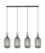 Urasawa Linear 4 Light Pendant With 20cm Tubular Ribbed Glass, Black Chrome/Matt Black Smoked