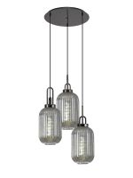 Urasawa 55cm Round 3 Light Pendant With 20cm Tubular Ribbed Glass, Black Chrome/Matt Black Smoked