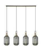 Urasawa Linear 4 Light Pendant With 20cm Tubular Ribbed Glass, Brass Gold/Matt Black Smoked