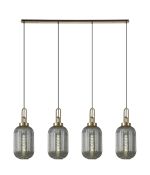 Urasawa Linear 4 Light Pendant With 20cm Tubular Ribbed Glass, Brass Gold/Matt Black Smoked