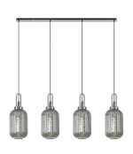 Urasawa Linear 4 Light Pendant With 20cm Tubular Ribbed Glass, Polished Nickel/Matt Black Smoked