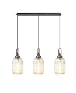 Urasawa Linear 3 Light Pendant With 20cm Tubular Ribbed Glass, Aged Pewter/Matt Black Champagne