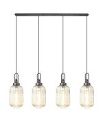 Urasawa Linear 4 Light Pendant With 20cm Tubular Ribbed Glass, Aged Pewter/Matt Black Champagne