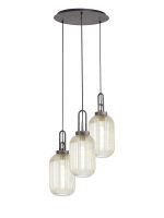 Urasawa 55cm Round 3 Light Pendant With 20cm Tubular Ribbed Glass, Aged Pewter/Matt Black Champagne