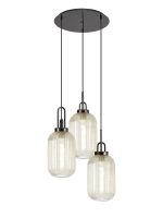 Urasawa 55cm Round 3 Light Pendant With 20cm Tubular Ribbed Glass, Black Chrome/Matt Black Champagne