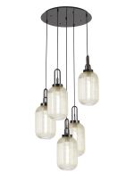 Urasawa 65cm Round 5 Light Pendant With 20cm Tubular Ribbed Glass, Black Chrome/Matt Black Champagne