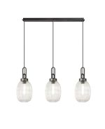 Urasawa Linear 3 Light Pendant With 20cm Almond Ribbed Glass, Aged Pewter/Matt Black Clear