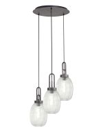 Urasawa 55cm Round 3 Light Pendant With 20cm Almond Ribbed Glass, Aged Pewter/Matt Black Clear