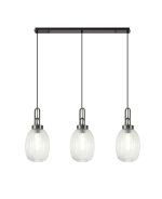Urasawa Linear 3 Light Pendant With 20cm Almond Ribbed Glass, Black Chrome/Matt Black Clear
