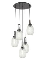 Urasawa 65cm Round 5 Light Pendant With 20cm Almond Ribbed Glass, Black Chrome/Matt Black Clear