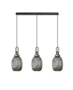 Urasawa Linear 3 Light Pendant With 20cm Almond Ribbed Glass, Aged Pewter/Matt Black Smoked