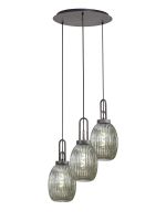 Urasawa 55cm Round 3 Light Pendant With 20cm Almond Ribbed Glass, Aged Pewter/Matt Black Smoked