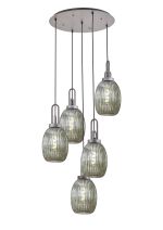 Urasawa 65cm Round 5 Light Pendant With 20cm Almond Ribbed Glass, Aged Pewter/Matt Black Smoked