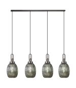 Urasawa Linear 4 Light Pendant With 20cm Almond Ribbed Glass, Antique Silver/Matt Black Smoked