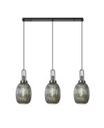 Urasawa Linear 3 Light Pendant With 20cm Almond Ribbed Glass, Black Chrome/Matt Black Smoked