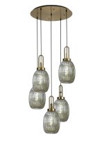 Urasawa 65cm Round 5 Light Pendant With 20cm Almond Ribbed Glass, Brass Gold/Matt Black Smoked