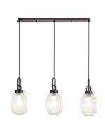 Urasawa Linear 3 Light Pendant With 20cm Almond Ribbed Glass, Matt Black/Matt Black Champagne