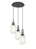 Urasawa 55cm Round 3 Light Pendant With 20cm Almond Ribbed Glass, Matt Black/Matt Black Champagne