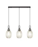 Urasawa Linear 3 Light Pendant With 20cm Almond Ribbed Glass, Black Chrome/Matt Black Champagne