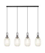 Urasawa Linear 4 Light Pendant With 20cm Almond Ribbed Glass, Black Chrome/Matt Black Champagne