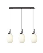 Urasawa Linear 3 Light Pendant With 20cm Almond Ribbed Glass, Black Chrome/Matt Black Opal