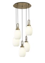 Urasawa 65cm Round 5 Light Pendant With 20cm Almond Ribbed Glass, Brass Gold/Matt Black Opal