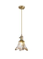 Luxe Switched Pendant 1.5m, 1 x E27, Antique Brass / Golden Brown Braided Cable / Brown Flower Glass