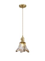 Luxe Switched Pendant 1.5m, 1 x E27, Brass / Pale Gold Twisted Cable / Brown Flower Glass