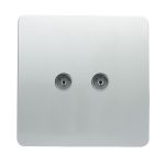 Trendi, Artistic Modern Twin TV Co-Axial Outlet Silver Finish, BRITISH MADE, (25mm Back Box Required), 5yrs Warranty