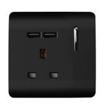 Trendi, Artistic Modern 1 Gang 13Amp Switched Socket WIth 2 x USB Ports Gloss Black Finish, BRITISH MADE, (35mm Back Box Required), 5yrs Warranty