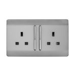 Trendi, Artistic Modern 2 Gang 13Amp Long Switched Double Socket Brushed Steel Finish, BRITISH MADE, (25mm Back Box Required), 5yrs Warranty