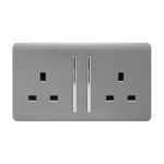 Trendi, Artistic Modern 2 Gang 13Amp Long Switched Double Socket Light Grey Finish, BRITISH MADE, (25mm Back Box Required), 5yrs Warranty