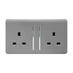 Trendi, Artistic Modern 2 Gang 13Amp Long Switched Double Socket Light Grey Finish, BRITISH MADE, (25mm Back Box Required), 5yrs Warranty