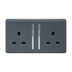 Trendi, Artistic Modern 2 Gang 13Amp Long Switched Double Socket Warm Grey Finish, BRITISH MADE, (25mm Back Box Required), 5yrs Warranty