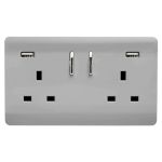 Trendi, Artistic 2 Gang 13Amp Short S/W Double Socket With 2x2.1Mah USB Brushed Steel Finish, BRITISH MADE, (35mm Back Box Required), 5yrs Warranty