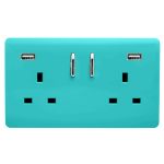 Trendi, Artistic 2 Gang 13Amp Short S/W Double Socket With 2x2.1Mah USB Bright Teal Finish, BRITISH MADE, (35mm Back Box Required), 5yrs Warranty