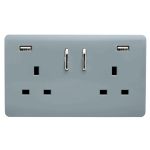 Trendi, Artistic 2 Gang 13Amp Short S/W Double Socket With 2x2.1Mah USB Cool Grey Finish, BRITISH MADE, (35mm Back Box Required), 5yrs Warranty