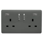 Trendi, Artistic 2 Gang 13Amp Short S/W Double Socket With 2x2.1Mah USB Charcoal Finish, BRITISH MADE, (35mm Back Box Required), 5yrs Warranty