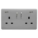 Trendi, Artistic 2 Gang 13Amp Short S/W Double Socket With 2x2.1Mah USB Light Grey Finish, BRITISH MADE, (35mm Back Box Required), 5yrs Warranty