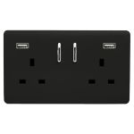 Trendi, Artistic Modern 2 Gang 13Amp Short S/W Double Socket With 2x2.1Mah USB Matt Black Finish, BRITISH MADE, (35mm Back Box Required) 5yrs Warranty