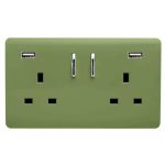 Trendi, Artistic 2 Gang 13Amp Short S/W Double Socket With 2x2.1Mah USB Moss Green Finish, BRITISH MADE, (35mm Back Box Required), 5yrs Warranty