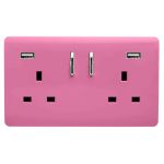 Trendi, Artistic 2 Gang 13Amp Short S/W Double Socket With 2x2.1Mah USB Pink Finish, BRITISH MADE, (35mm Back Box Required), 5yrs Warranty
