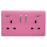 Trendi, Artistic 2 Gang 13Amp Short S/W Double Socket With 2x2.1Mah USB Pink Finish, BRITISH MADE, (35mm Back Box Required), 5yrs Warranty