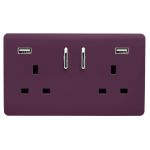 Trendi, Artistic 2 Gang 13Amp Short S/W Double Socket With 2x2.1Mah USB Plum Finish, BRITISH MADE, (35mm Back Box Required), 5yrs Warranty