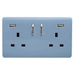 Trendi, Artistic 2 Gang 13Amp Short S/W Double Socket With 2x2.1Mah USB Sky Finish, BRITISH MADE, (35mm Back Box Required), 5yrs Warranty