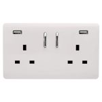 Trendi, Artistic Modern 2 Gang 13Amp Short S/W Double Socket, 2x2.1Mah USB Ice White Finish, BRITISH MADE, (35mm Back Box Required), 5yrs Warranty