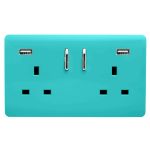 Trendi, Artistic Modern 2 Gang USB 2x3.1mAH Plug Socket Bright Teal Finish, BRITISH MADE, (35mm Back Box Required), 5yrs Warranty