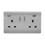 Brushed Steel Screwless 2 Gang Switched Double Socket 13A With 1 x USB-A & 1 x USB-C 15W (Shared), (35mm Back Box Req.), 10yrs Warranty
